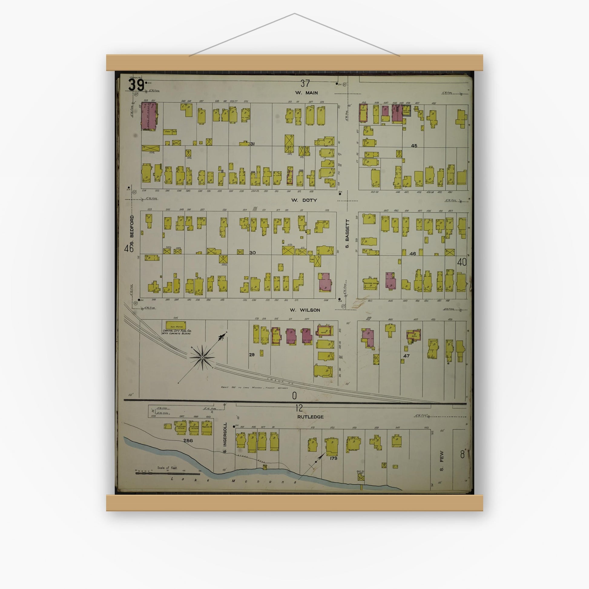 Old map wall art mockup — magnetic wood frame on white wall — Sanborn Fire Insurance Map from Madison, Dane County, Wisconsin (1908), Sheet #0039