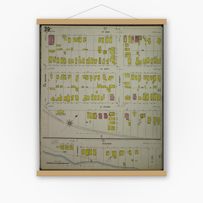 Old map wall art mockup — magnetic wood frame on white wall — Sanborn Fire Insurance Map from Madison, Dane County, Wisconsin (1908), Sheet #0039