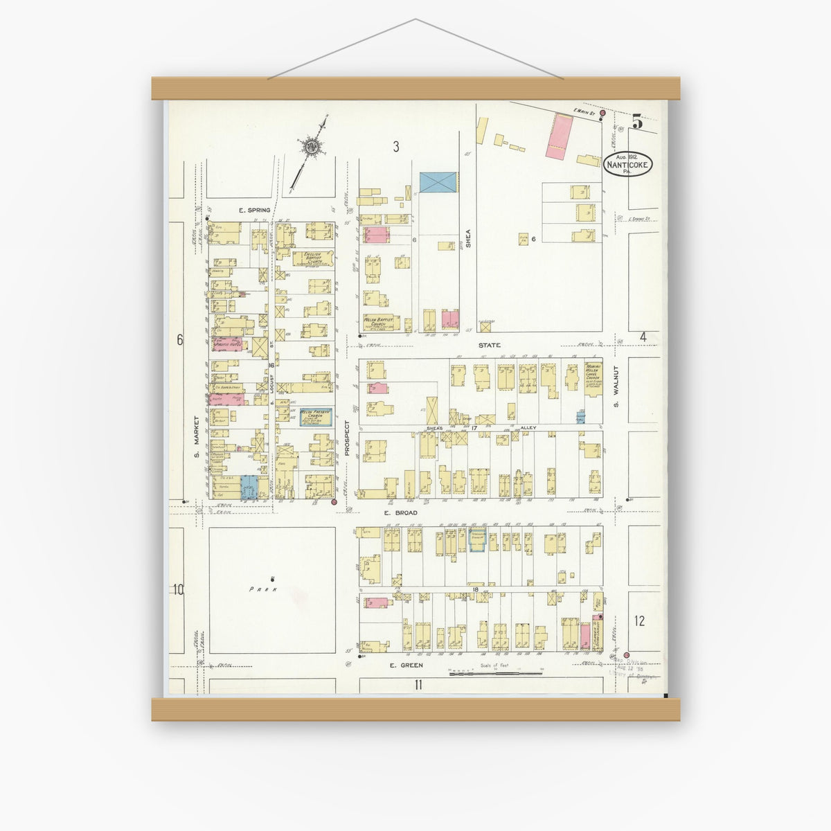 Old map wall art mockup — magnetic wood frame on white wall — Sanborn Fire Insurance Map from Nanticoke, Luzerne County, Pennsylvania (1912), Sheet #0005