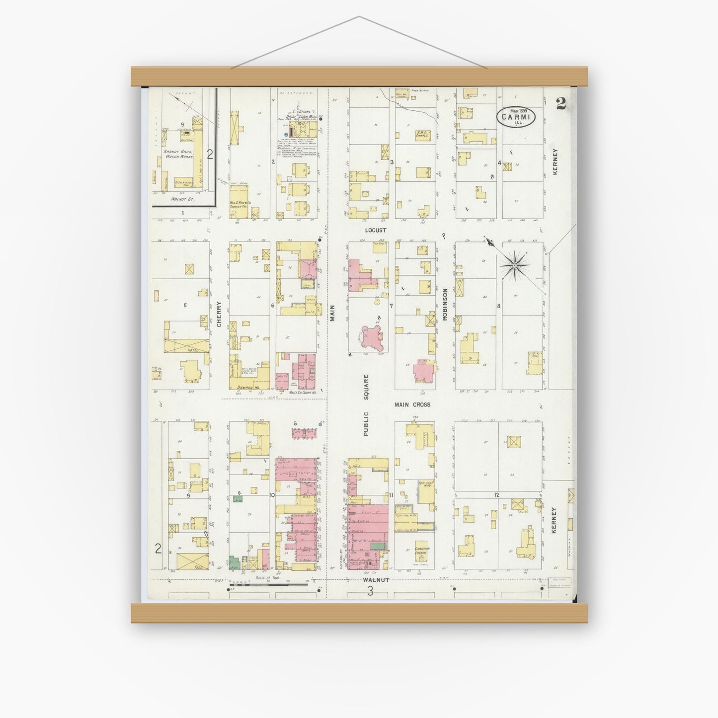 Old map wall art mockup — magnetic wood frame on white wall — Sanborn Fire Insurance Map from Carmi, White County, Illinois (1899), Sheet #0002