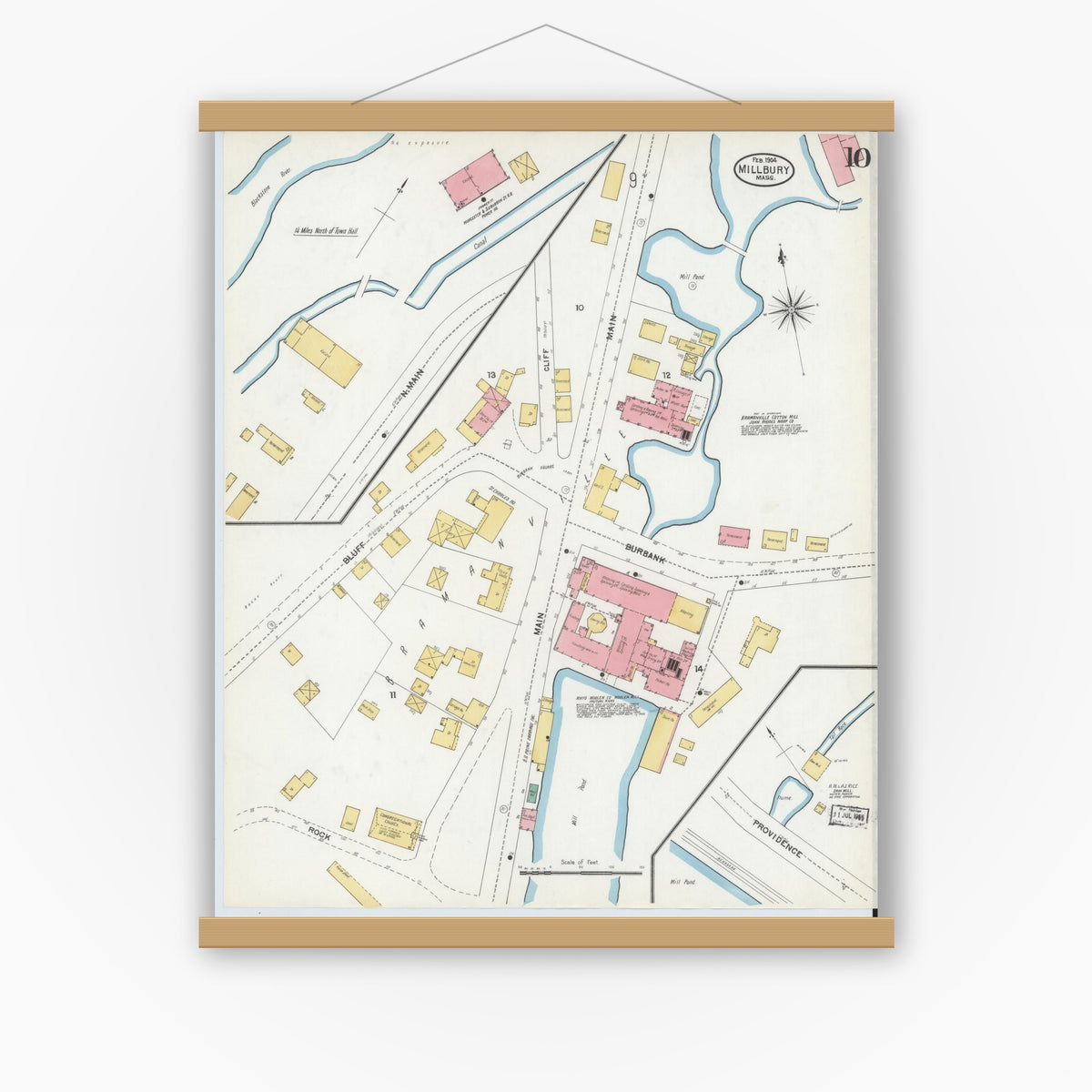 Old map wall art mockup — magnetic wood frame on white wall — Sanborn Fire Insurance Map from Millbury, Worcester County, Massachusetts (1904), Sheet #0010