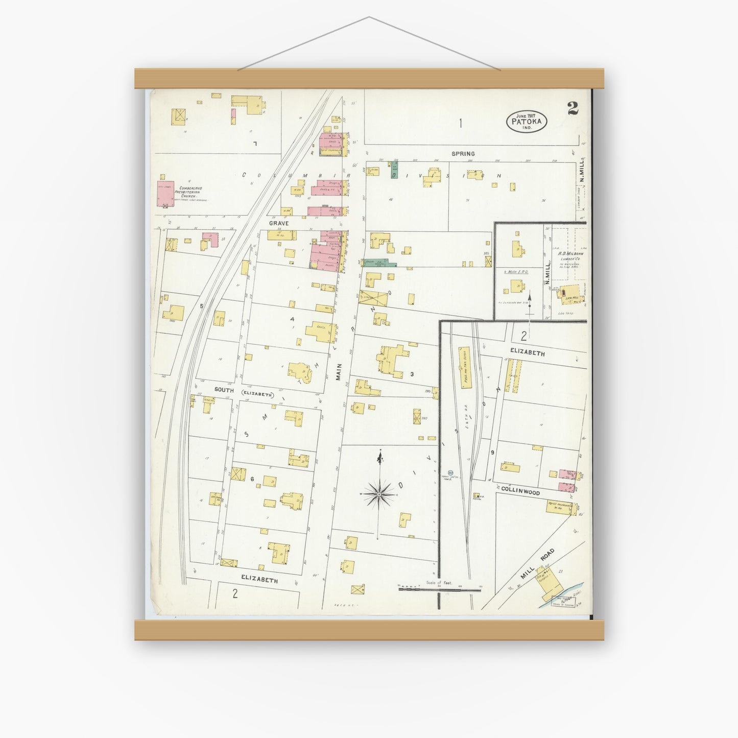 Old map wall art mockup — magnetic wood frame on white wall — Sanborn Fire Insurance Map from Patoka, Gibson County, Indiana (1907), Sheet #0002