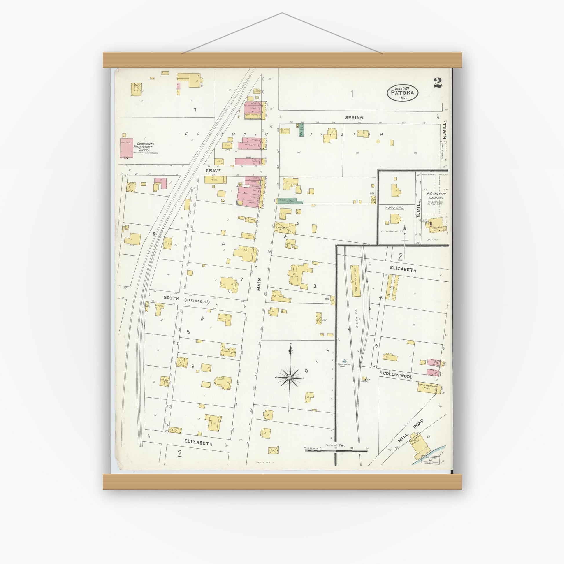 Old map wall art mockup — magnetic wood frame on white wall — Sanborn Fire Insurance Map from Patoka, Gibson County, Indiana (1907), Sheet #0002