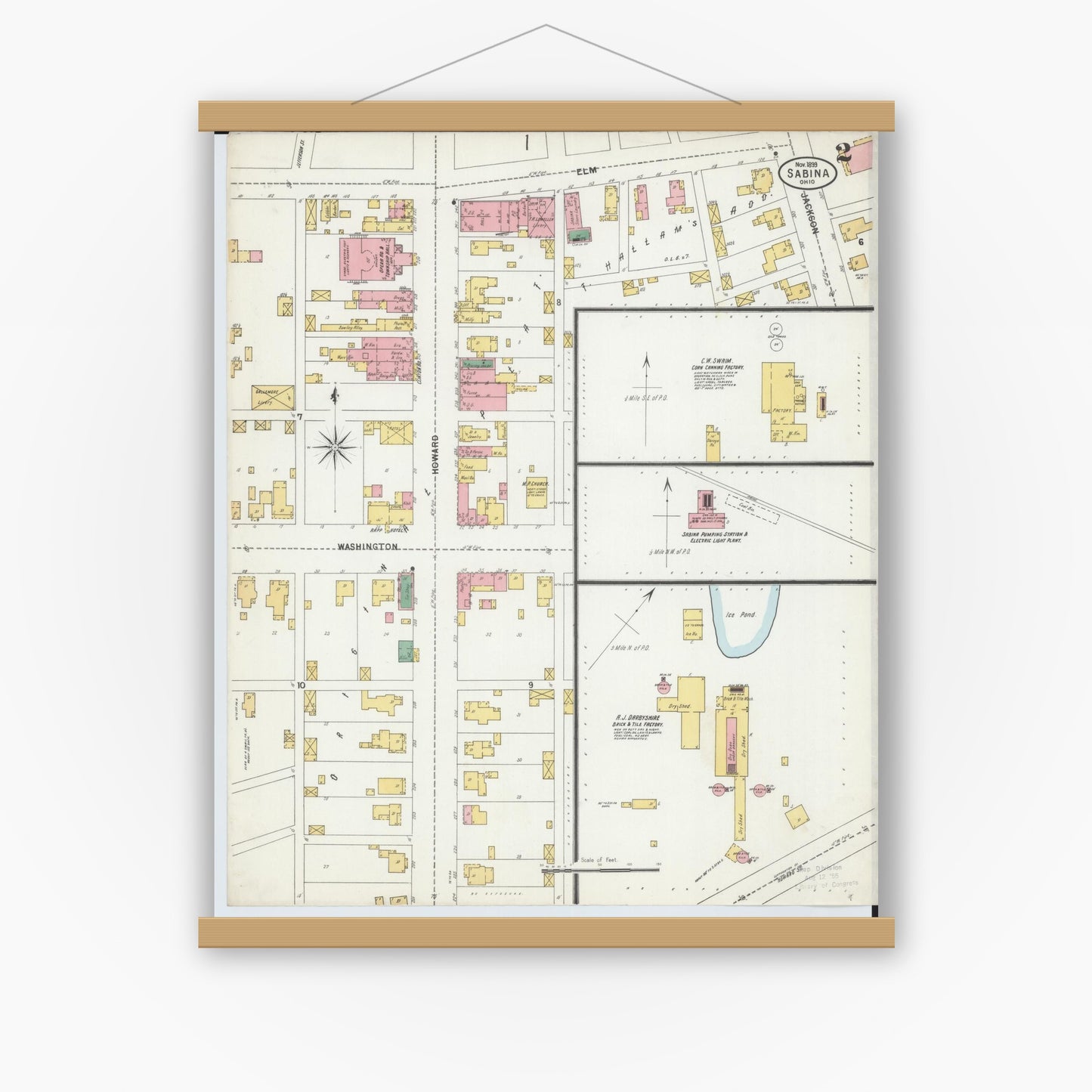 Old map wall art mockup — magnetic wood frame on white wall — Sanborn Fire Insurance Map from Sabina, Clinton County, Ohio (1899), Sheet #0002