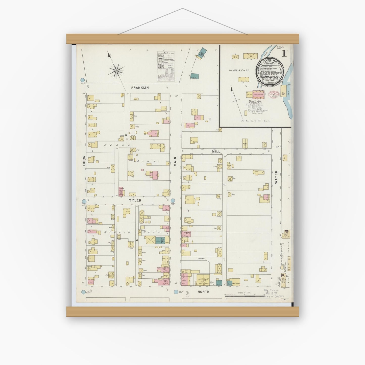 Old map wall art mockup — magnetic wood frame on white wall — Sanborn Fire Insurance Map from Waynesville, Warren County, Ohio (1895), Sheet #0001