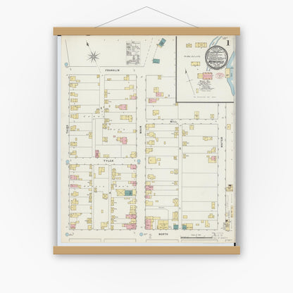 Old map wall art mockup — magnetic wood frame on white wall — Sanborn Fire Insurance Map from Waynesville, Warren County, Ohio (1895), Sheet #0001