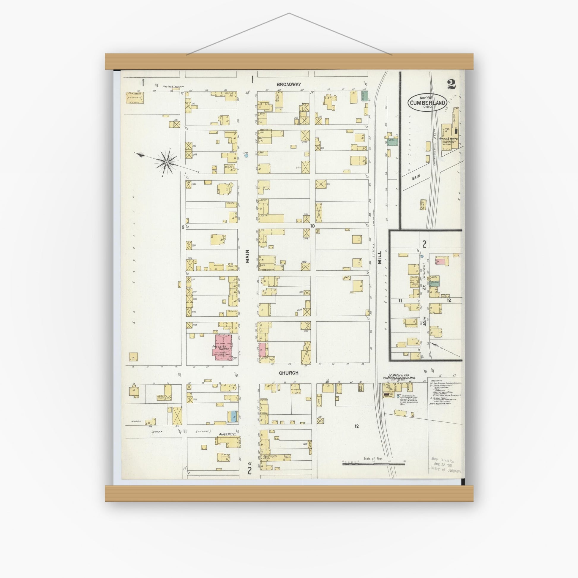 Old map wall art mockup — magnetic wood frame on white wall — Sanborn Fire Insurance Map from Cumberland, Guernsey County, Ohio (1901), Sheet #0002