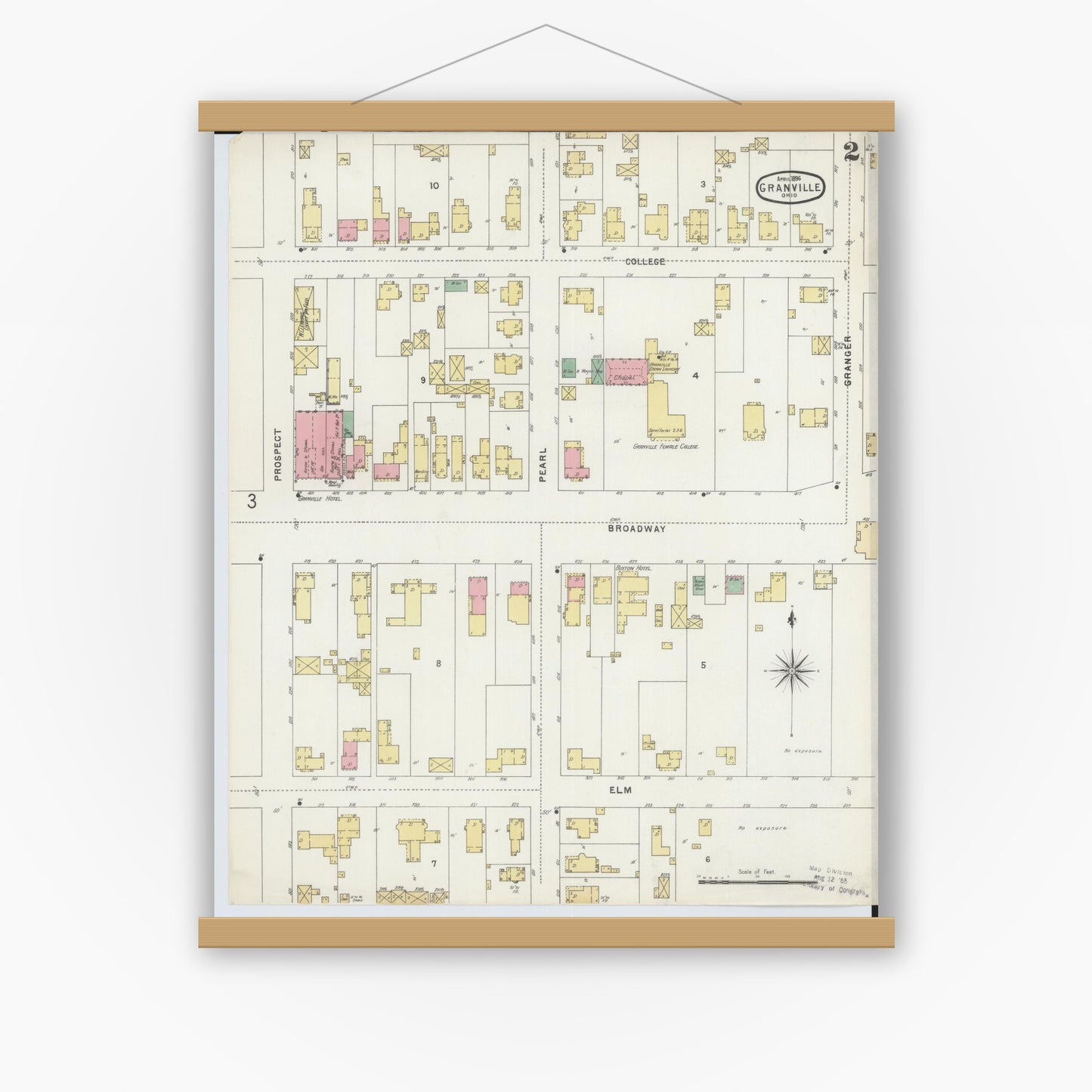 Old map wall art mockup — magnetic wood frame on white wall — Sanborn Fire Insurance Map from Granville, Licking County, Ohio (1896), Sheet #0002