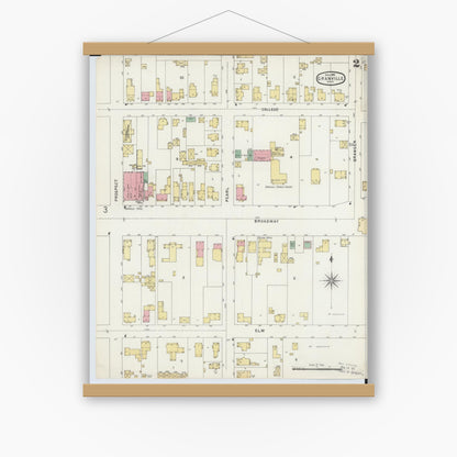 Old map wall art mockup — magnetic wood frame on white wall — Sanborn Fire Insurance Map from Granville, Licking County, Ohio (1896), Sheet #0002
