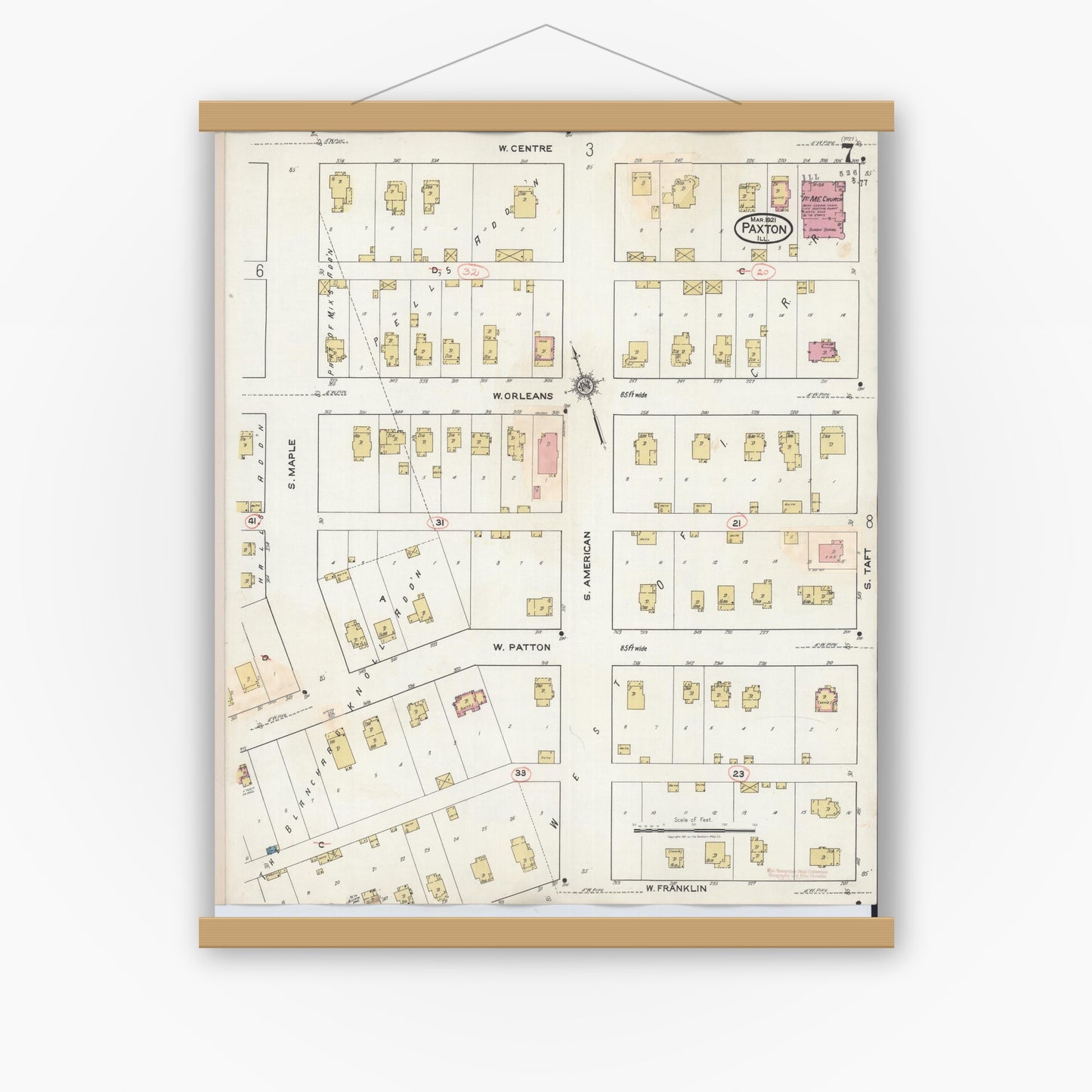 Old map wall art mockup — magnetic wood frame on white wall — Sanborn Fire Insurance Map from Paxton, Ford County, Illinois (1932), Sheet #0007