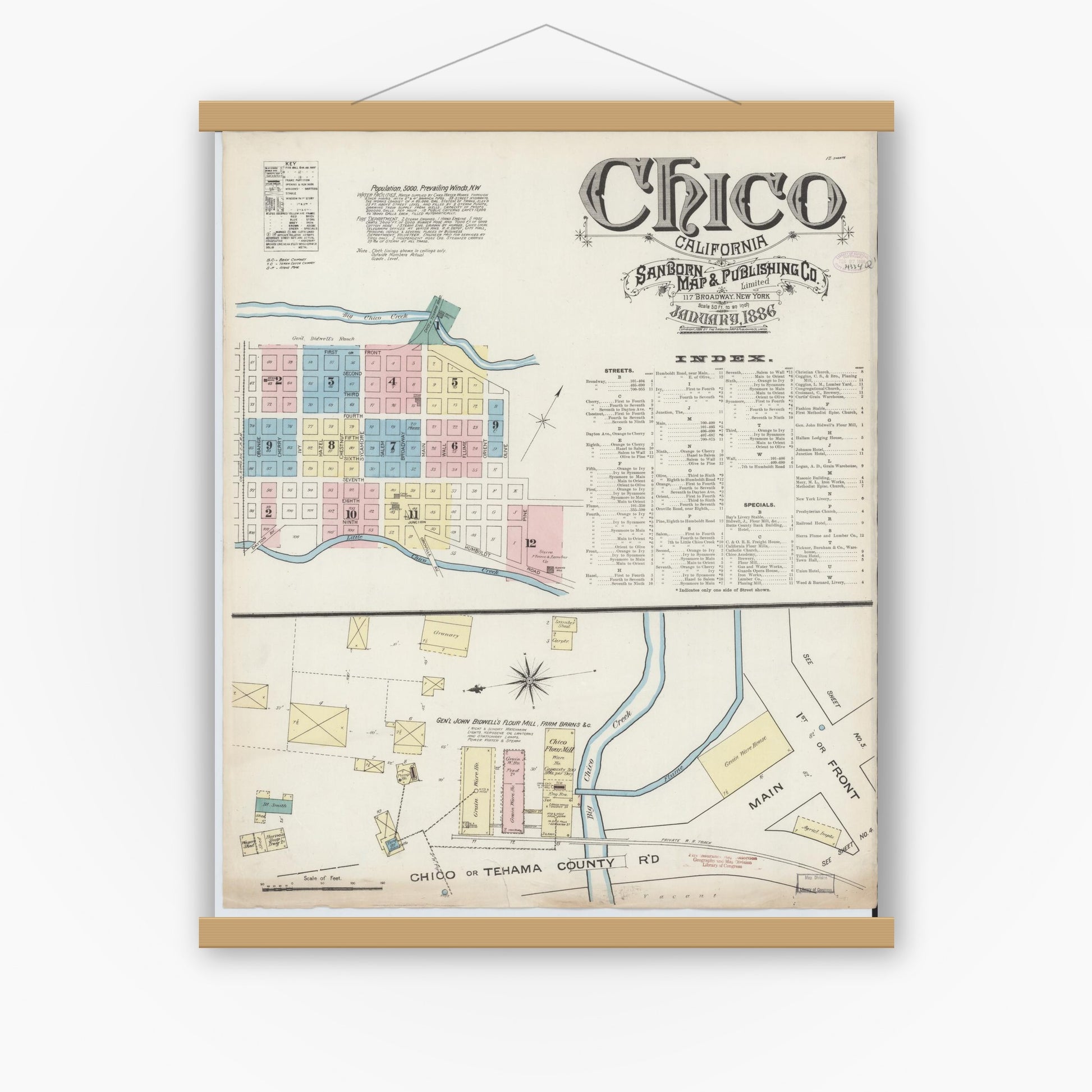 Old map wall art mockup — magnetic wood frame on white wall — Sanborn Fire Insurance Map from Chico, Butte County, California (1886) - Complete Map Set