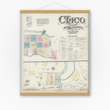 Old map wall art mockup — magnetic wood frame on white wall — Sanborn Fire Insurance Map from Chico, Butte County, California (1886) - Complete Map Set