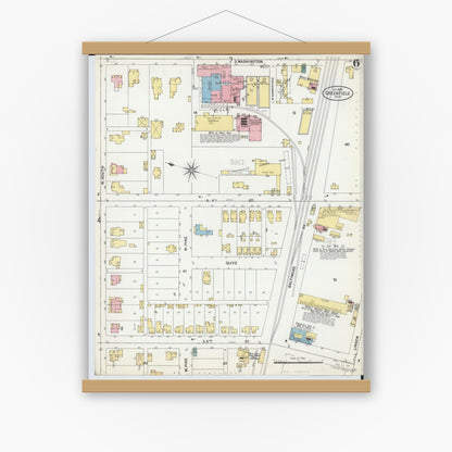 Old map wall art mockup — magnetic wood frame on white wall — Sanborn Fire Insurance Map from Greenfield, Highland County, Ohio (1899), Sheet #0006