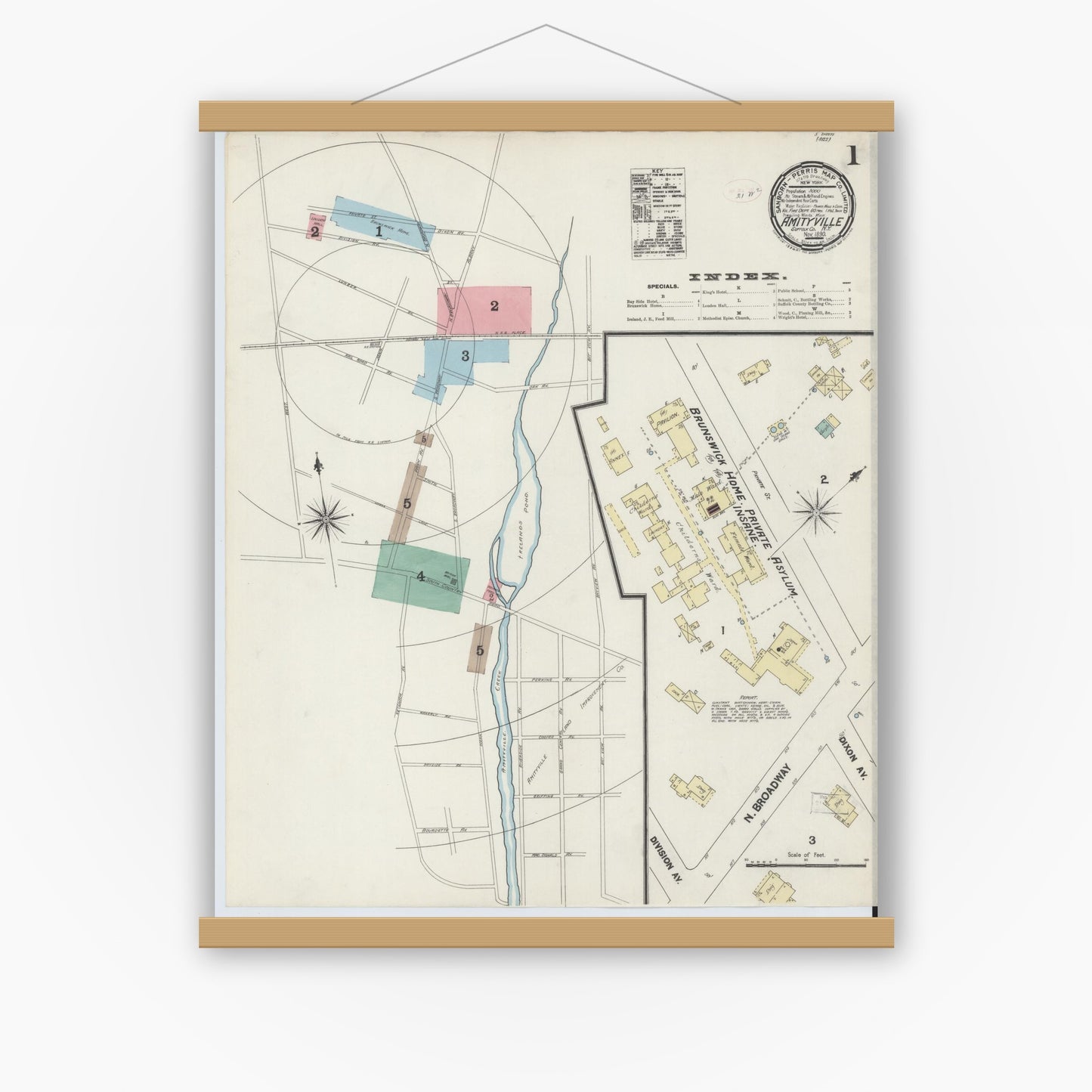 Old map wall art mockup — magnetic wood frame on white wall — Sanborn Fire Insurance Map from Amityville, Suffolk County, New York (1890), Sheet #0001
