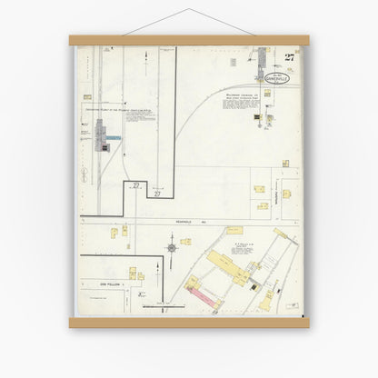 Old map wall art mockup — magnetic wood frame on white wall — Sanborn Fire Insurance Map from Gainesville, Alachua County, Florida (1913), Sheet #0027