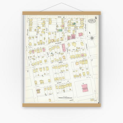 Old map wall art mockup — magnetic wood frame on white wall — Sanborn Fire Insurance Map from Scottdale, Westmoreland County, Pennsylvania (1908), Sheet #0005