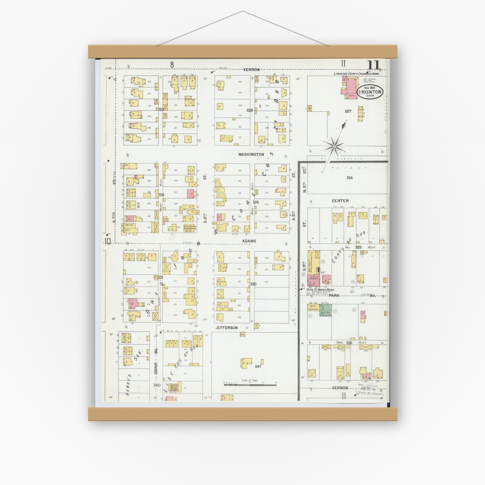 Old map wall art mockup — magnetic wood frame on white wall — Sanborn Fire Insurance Map from Ironton, Lawrence County, Ohio (1900), Sheet #0011