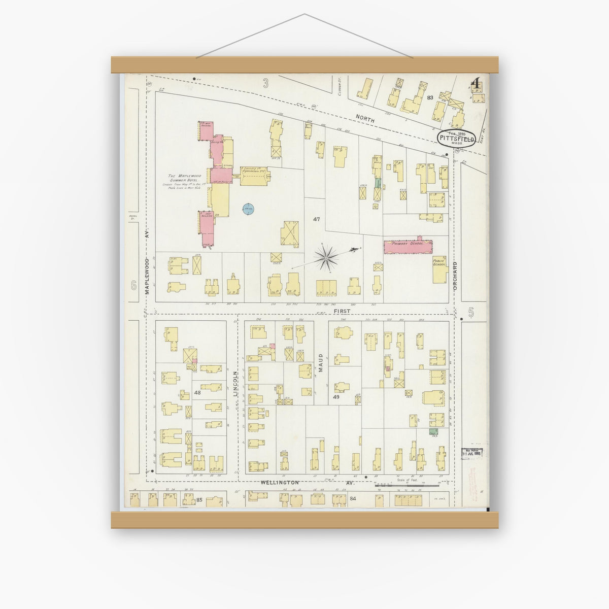 Old map wall art mockup — magnetic wood frame on white wall — Sanborn Fire Insurance Map from Pittsfield, Berkshire County, Massachusetts (1895), Sheet #0004