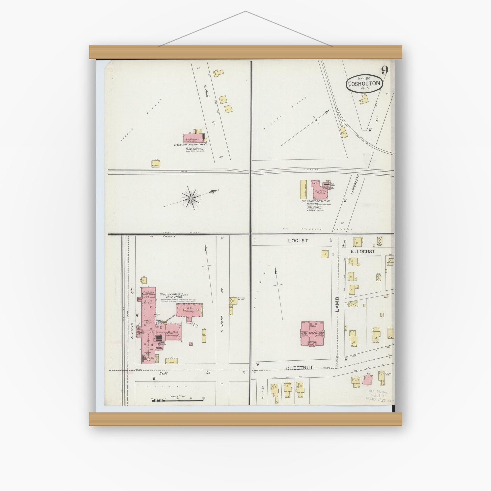 Old map wall art mockup — magnetic wood frame on white wall — Sanborn Fire Insurance Map from Coshocton, Coshocton County, Ohio (1893), Sheet #0009