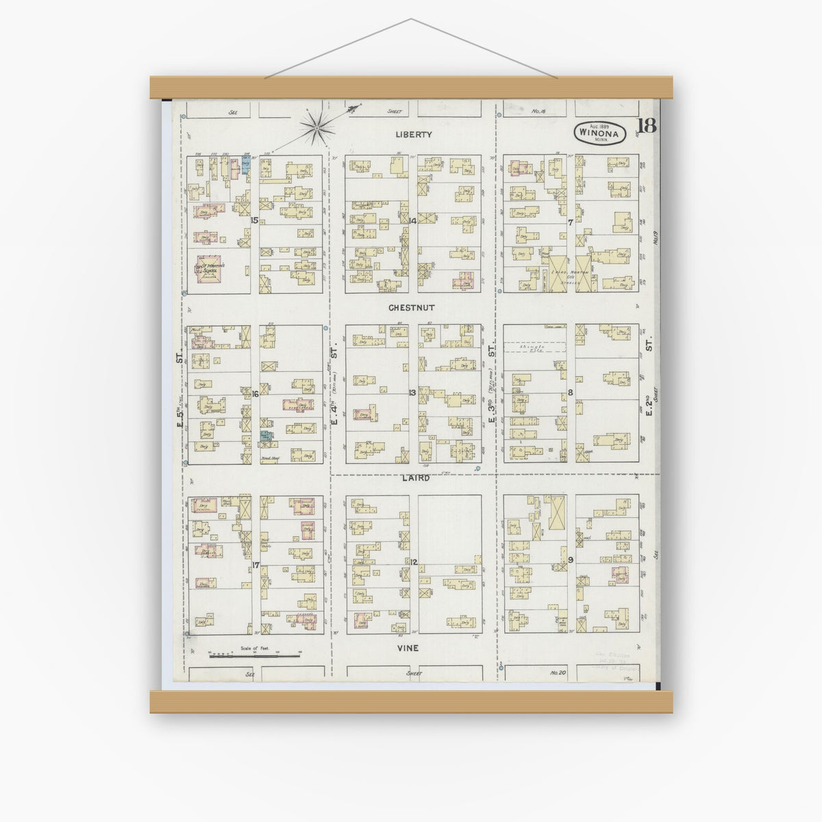 Old map wall art mockup — magnetic wood frame on white wall — Sanborn Fire Insurance Map from Winona, Winona County, Minnesota (1889), Sheet #0018