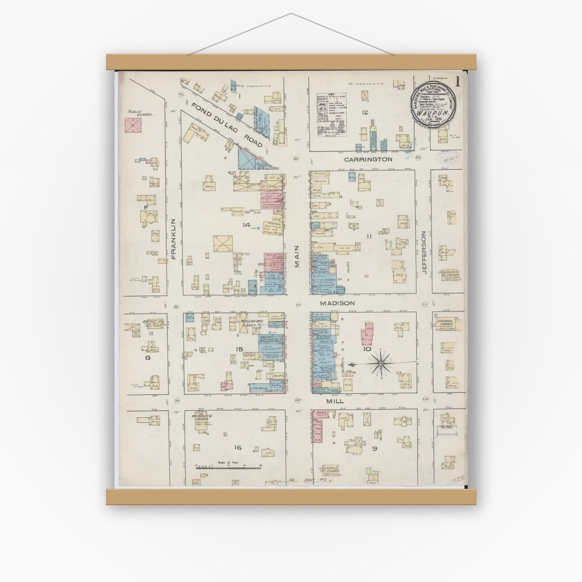 Old map wall art mockup — magnetic wood frame on white wall — Sanborn Fire Insurance Map from Waupun, Dodge and Fond du Lac Counties, Wisconsin (1885), Sheet #0001