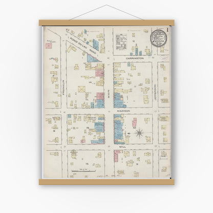 Old map wall art mockup — magnetic wood frame on white wall — Sanborn Fire Insurance Map from Waupun, Dodge and Fond du Lac Counties, Wisconsin (1885), Sheet #0001