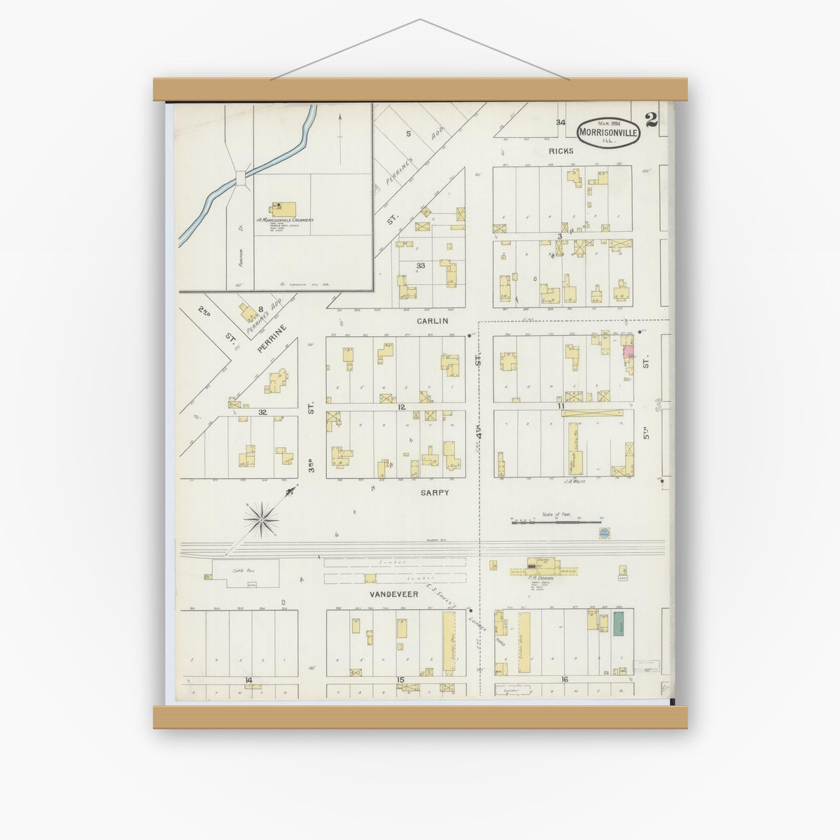 Old map wall art mockup — magnetic wood frame on white wall — Sanborn Fire Insurance Map from Morrisonville, Christian County, Illinois (1894), Sheet #0002
