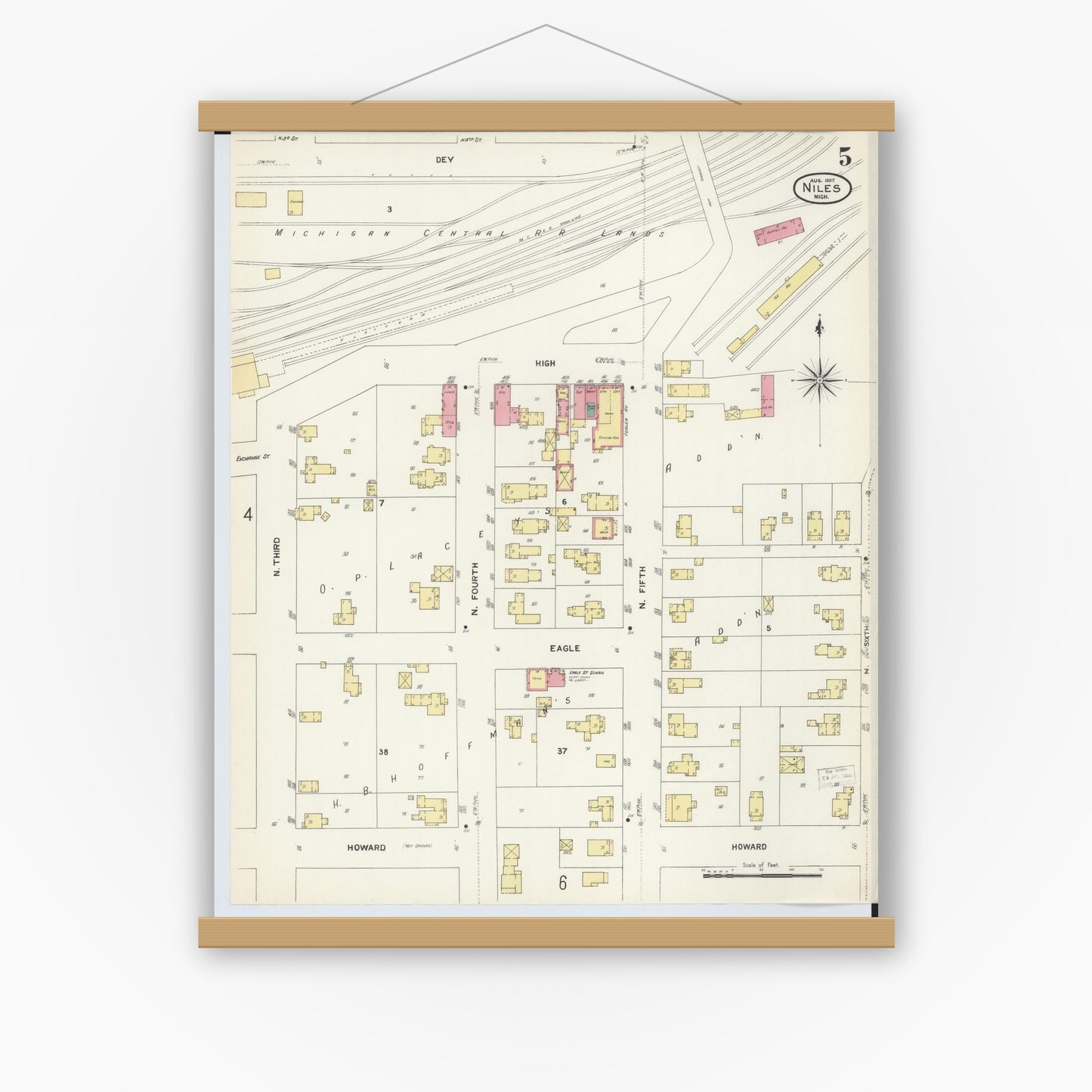 Old map wall art mockup — magnetic wood frame on white wall — Sanborn Fire Insurance Map from Niles, Berrien County, Michigan (1907), Sheet #0005