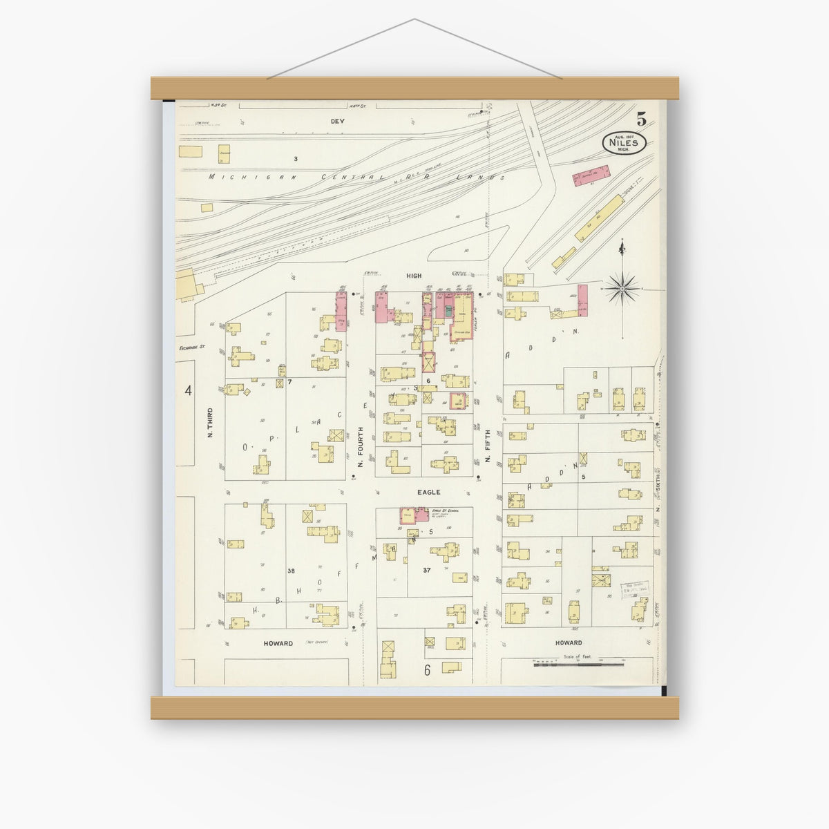 Old map wall art mockup — magnetic wood frame on white wall — Sanborn Fire Insurance Map from Niles, Berrien County, Michigan (1907), Sheet #0005