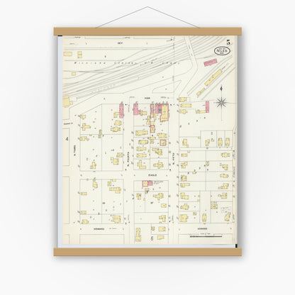 Old map wall art mockup — magnetic wood frame on white wall — Sanborn Fire Insurance Map from Niles, Berrien County, Michigan (1907), Sheet #0005