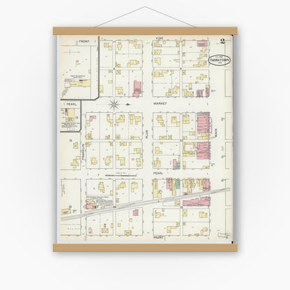 Old map wall art mockup — magnetic wood frame on white wall — Sanborn Fire Insurance Map from Thorntown, Boone County, Indiana (1892), Sheet #0002
