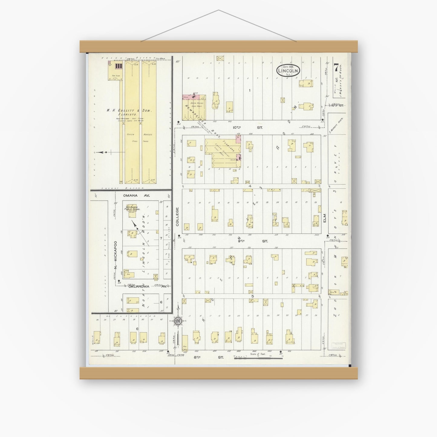 Old map wall art mockup — magnetic wood frame on white wall — Sanborn Fire Insurance Map from Lincoln, Logan County, Illinois (1914), Sheet #0007