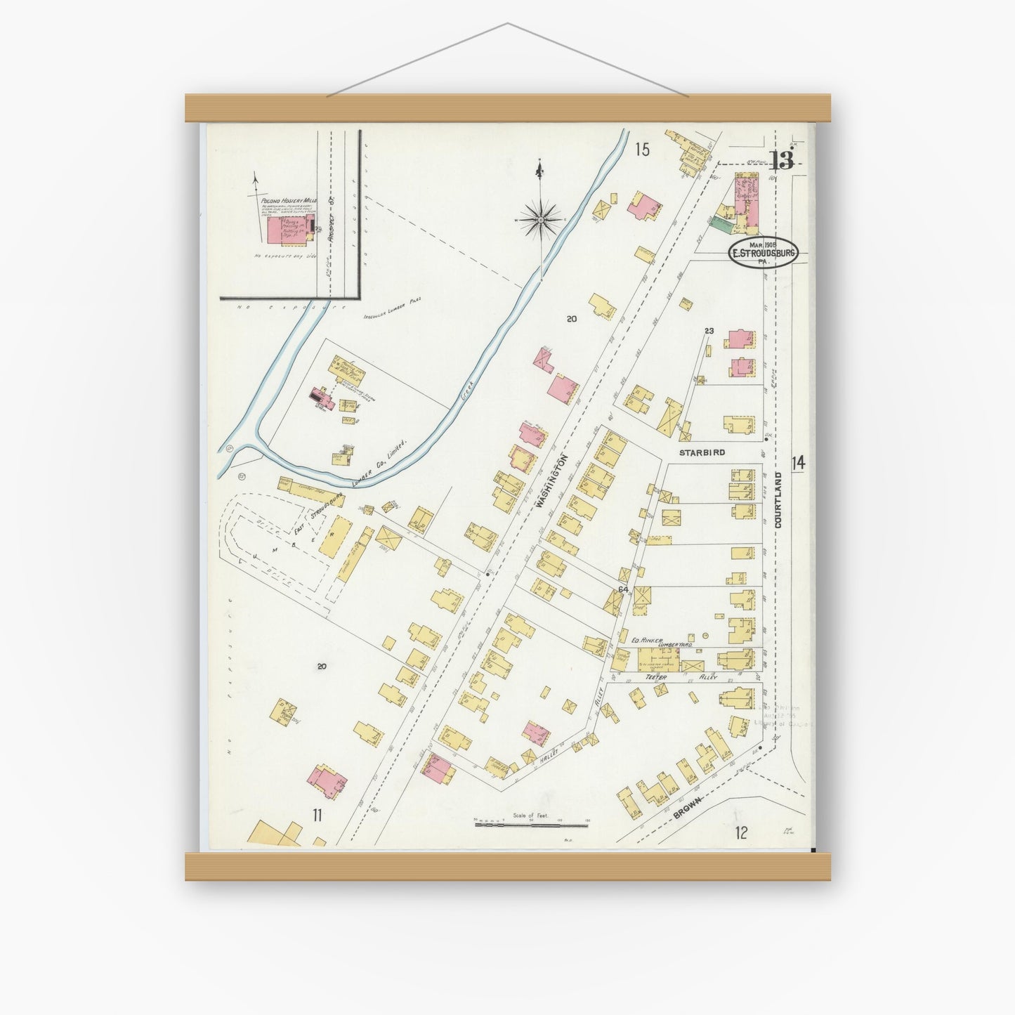 Old map wall art mockup — magnetic wood frame on white wall — Sanborn Fire Insurance Map from Stroudsburg, Monroe County, Pennsylvania (1905), Sheet #0013