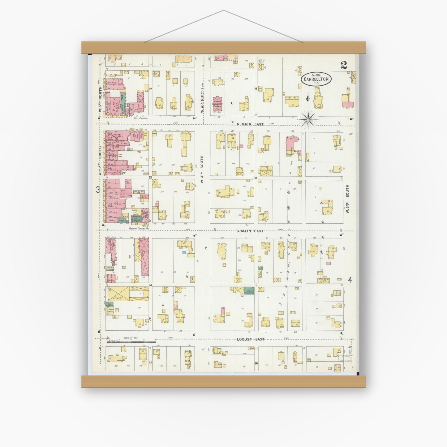 Old map wall art mockup — magnetic wood frame on white wall — Sanborn Fire Insurance Map from Carrollton, Greene County, Illinois (1898), Sheet #0002