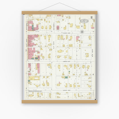 Old map wall art mockup — magnetic wood frame on white wall — Sanborn Fire Insurance Map from Carrollton, Greene County, Illinois (1898), Sheet #0002