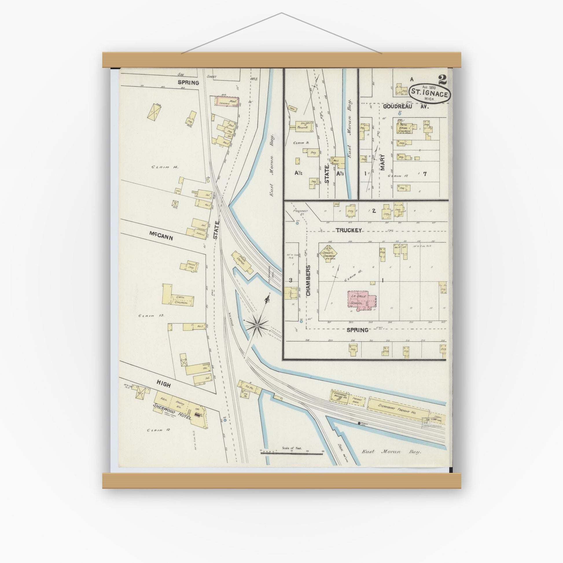 Old map wall art mockup — magnetic wood frame on white wall — Sanborn Fire Insurance Map from Saint Ignace, Mackinac County, Michigan (1890), Sheet #0002