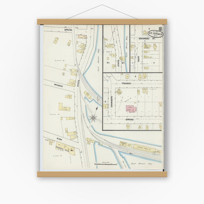 Old map wall art mockup — magnetic wood frame on white wall — Sanborn Fire Insurance Map from Saint Ignace, Mackinac County, Michigan (1890), Sheet #0002
