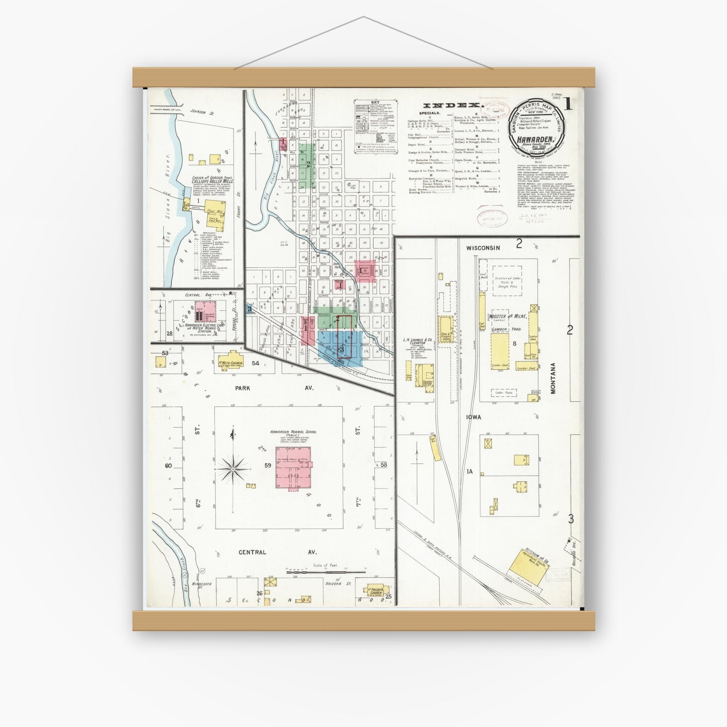 Old map wall art mockup — magnetic wood frame on white wall — Sanborn Fire Insurance Map from Hawarden, Sioux County, Iowa (1899) â€” Complete Set