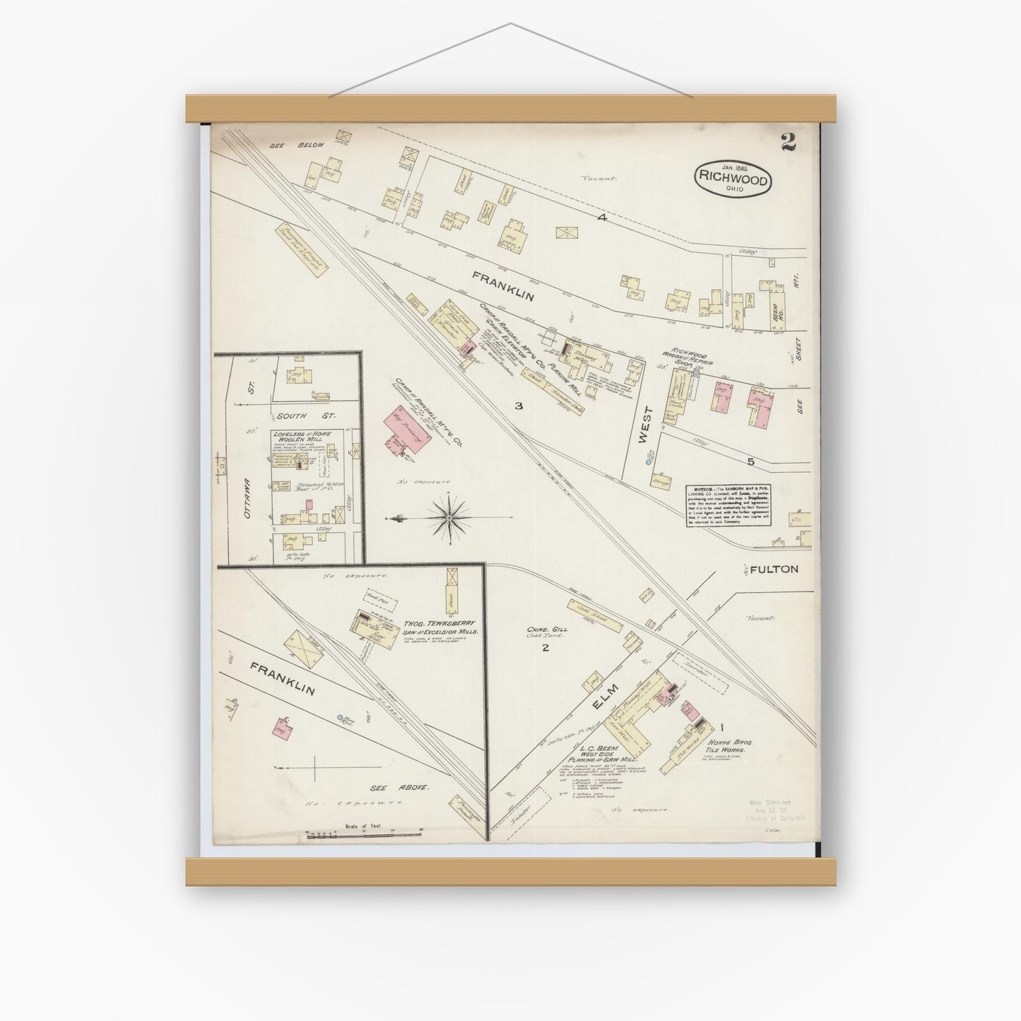 Old map wall art mockup — magnetic wood frame on white wall — Sanborn Fire Insurance Map from Richwood, Union County, Ohio (1885), Sheet #0002
