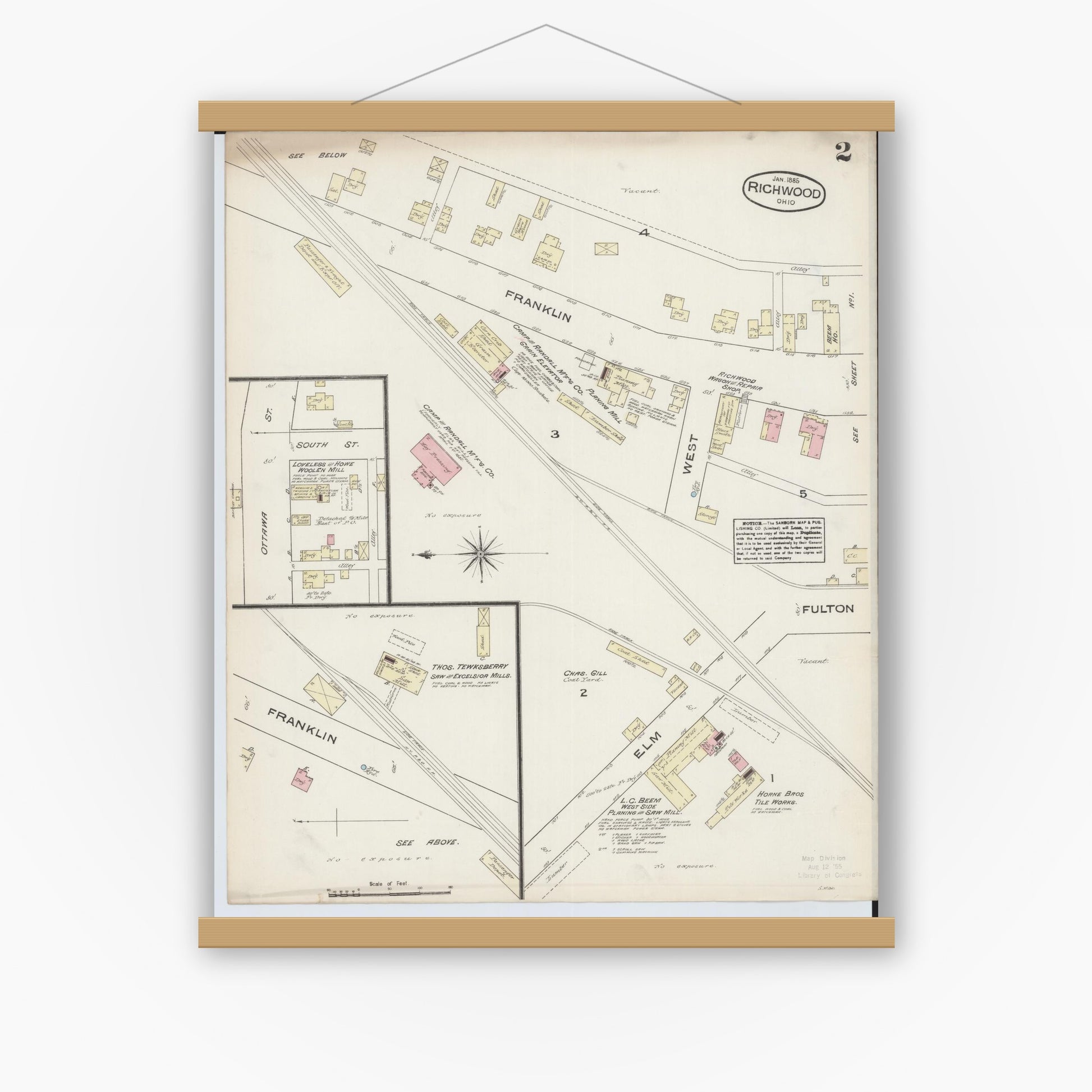 Old map wall art mockup — magnetic wood frame on white wall — Sanborn Fire Insurance Map from Richwood, Union County, Ohio (1885), Sheet #0002