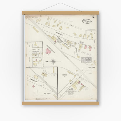 Old map wall art mockup — magnetic wood frame on white wall — Sanborn Fire Insurance Map from Richwood, Union County, Ohio (1885), Sheet #0002