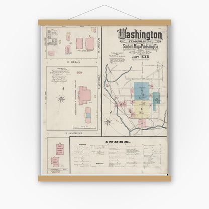Old map wall art mockup — magnetic wood frame on white wall — Sanborn Fire Insurance Map from Washington, Washington County, Pennsylvania (1886) - Complete Map Set