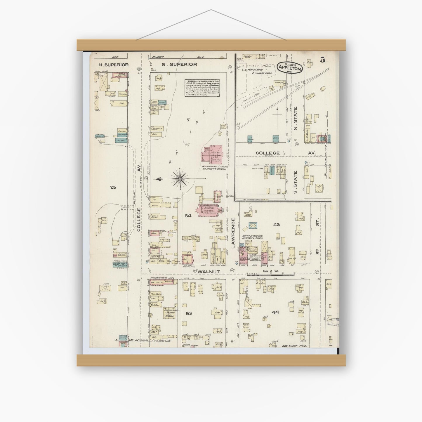 Old map wall art mockup — magnetic wood frame on white wall — Sanborn Fire Insurance Map from Appleton, Outagamie County, Wisconsin (1883), Sheet #0005