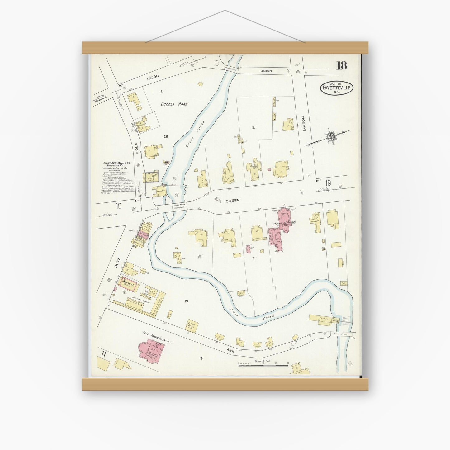 Old map wall art mockup — magnetic wood frame on white wall — Sanborn Fire Insurance Map from Fayetteville, Cumberland County, North Carolina (1914), Sheet #0018