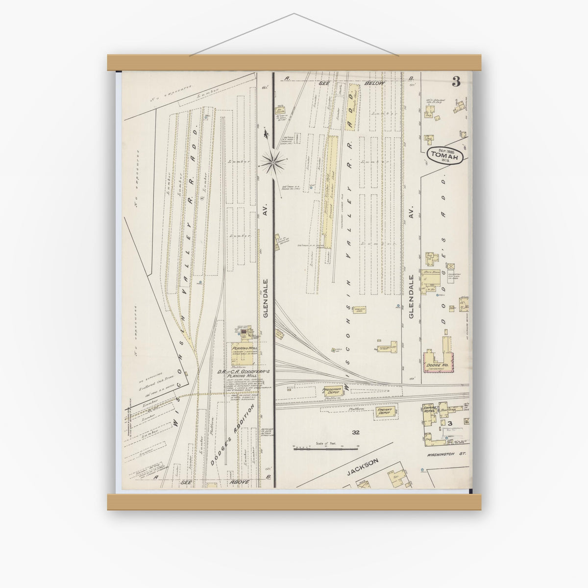 Old map wall art mockup — magnetic wood frame on white wall — Sanborn Fire Insurance Map from Tomah, Monroe County, Wisconsin (1885), Sheet #0003