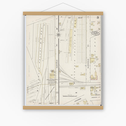 Old map wall art mockup — magnetic wood frame on white wall — Sanborn Fire Insurance Map from Tomah, Monroe County, Wisconsin (1885), Sheet #0003