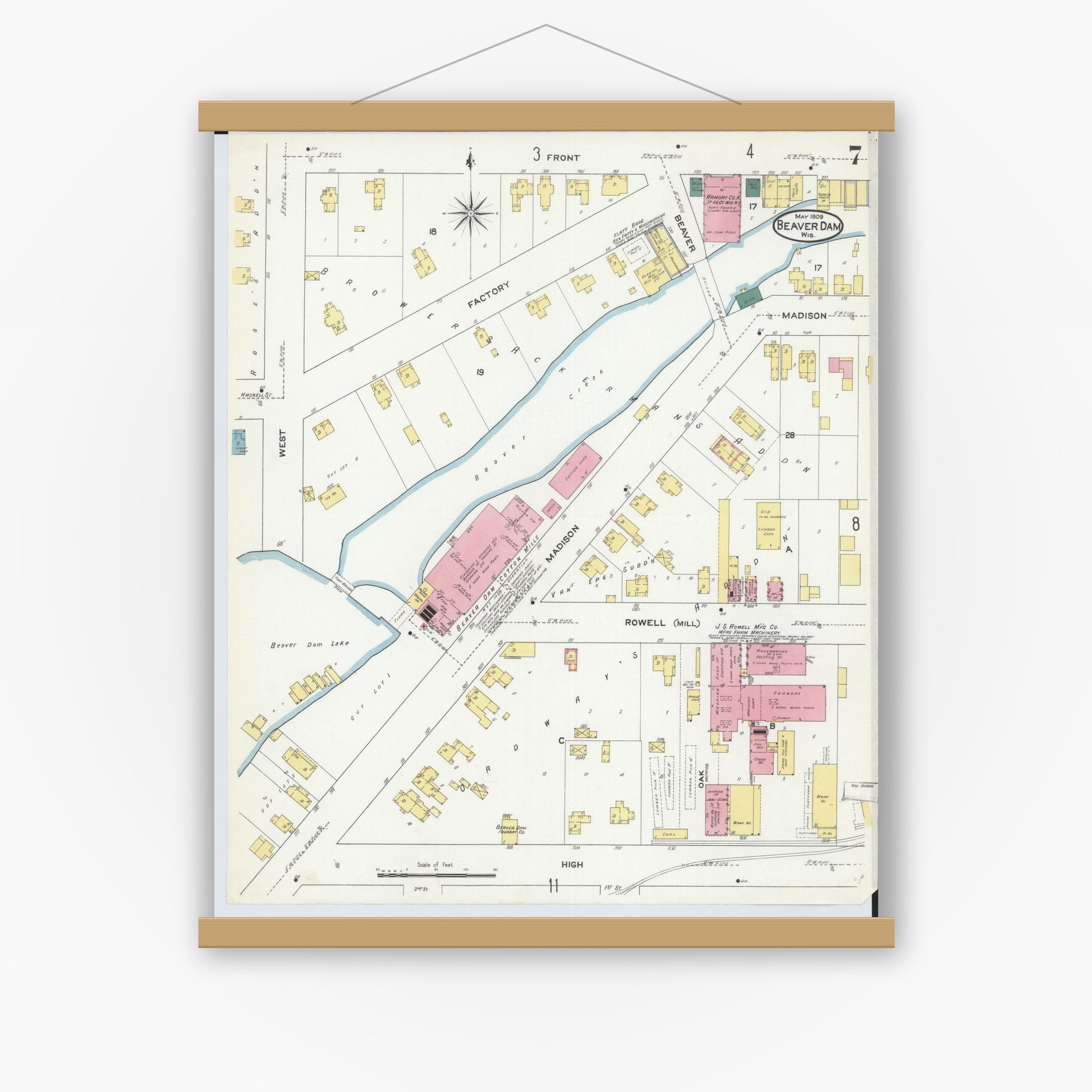 Old map wall art mockup — magnetic wood frame on white wall — Sanborn Fire Insurance Map from Beaver Dam, Dodge County, Wisconsin (1909), Sheet #0007