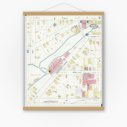 Old map wall art mockup — magnetic wood frame on white wall — Sanborn Fire Insurance Map from Beaver Dam, Dodge County, Wisconsin (1909), Sheet #0007