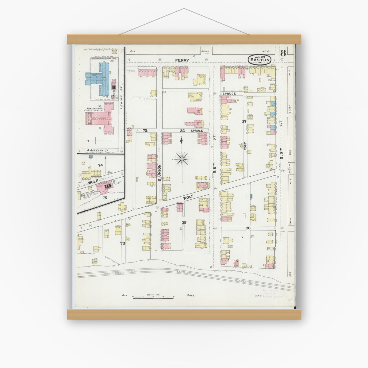 Old map wall art mockup — magnetic wood frame on white wall — Sanborn Fire Insurance Map from Easton, Northampton County, Pennsylvania (1892), Sheet #0008