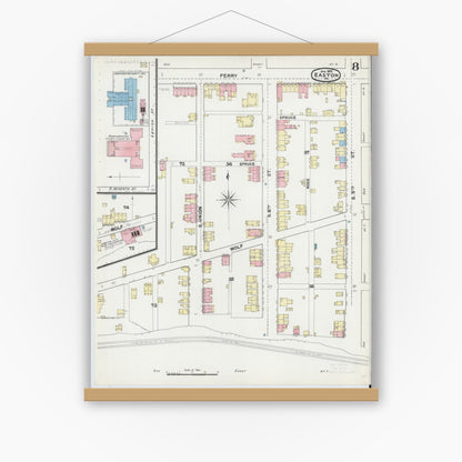 Old map wall art mockup — magnetic wood frame on white wall — Sanborn Fire Insurance Map from Easton, Northampton County, Pennsylvania (1892), Sheet #0008